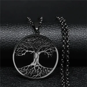 collier long avec pendentif arbre unisexe