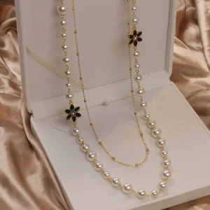 collier long double couche de perles pour femmes