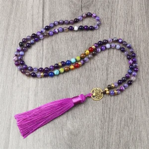 collier mala long à pompons noués