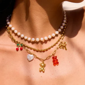 collier Zora Fashion avec pendentif ours cerise et coeur