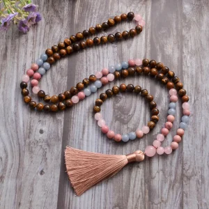 collier mala 108 perles en œil de tigre jaune quartz rose aigue marine