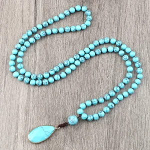 collier pendentif goutte avec 108 pierres bleues naturelles