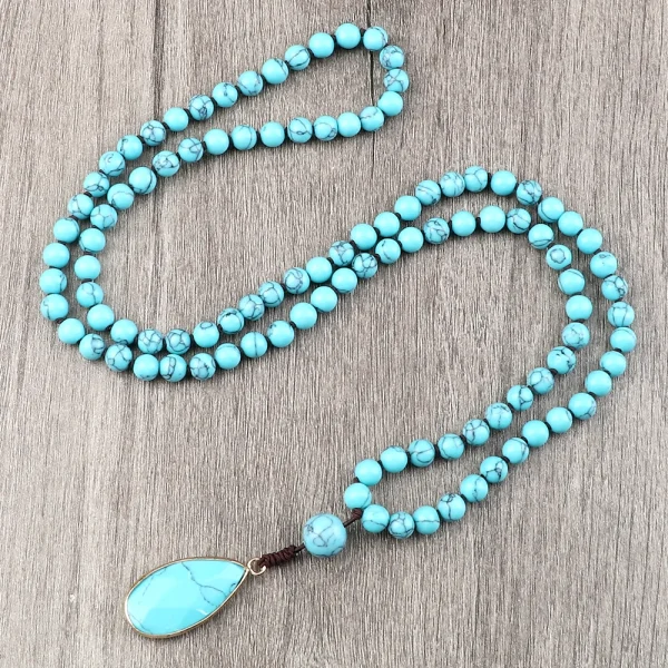 collier pendentif goutte avec 108 pierres bleues naturelles