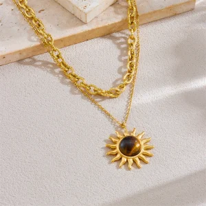 collier double couche pendentif œil de tigre soleil