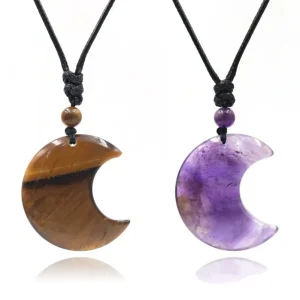 collier en corde pendentif de cristal croissant de lune